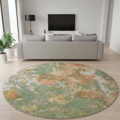 8' Fern Green Rust And Copper Abstract Washable Round Rug With UV Protection