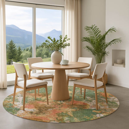 8' Fern Green Rust And Copper Abstract Washable Round Rug With UV Protection