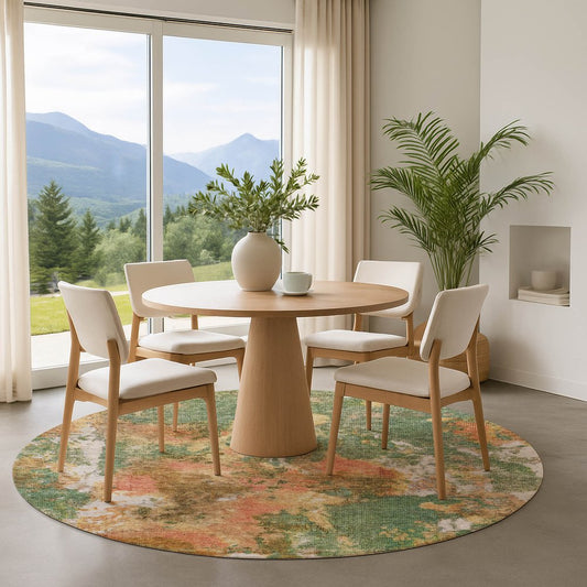 8' Fern Green Rust And Copper Abstract Washable Round Rug With UV Protection