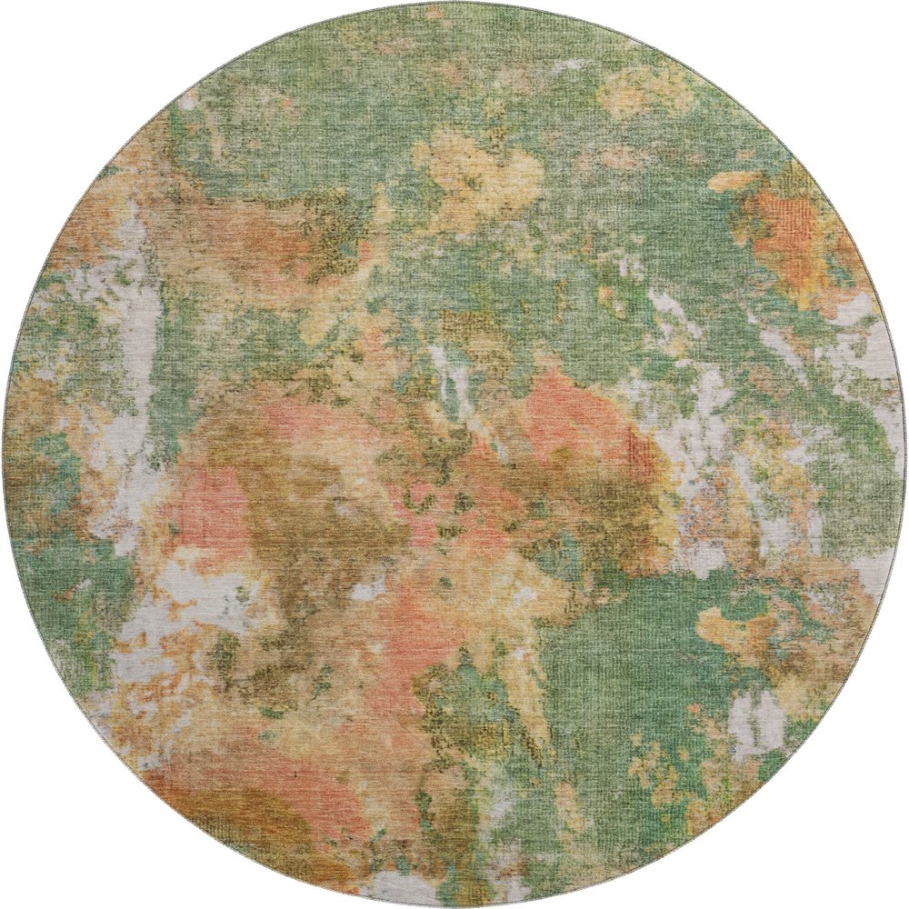 8' Fern Green Rust And Copper Abstract Washable Round Rug With UV Protection