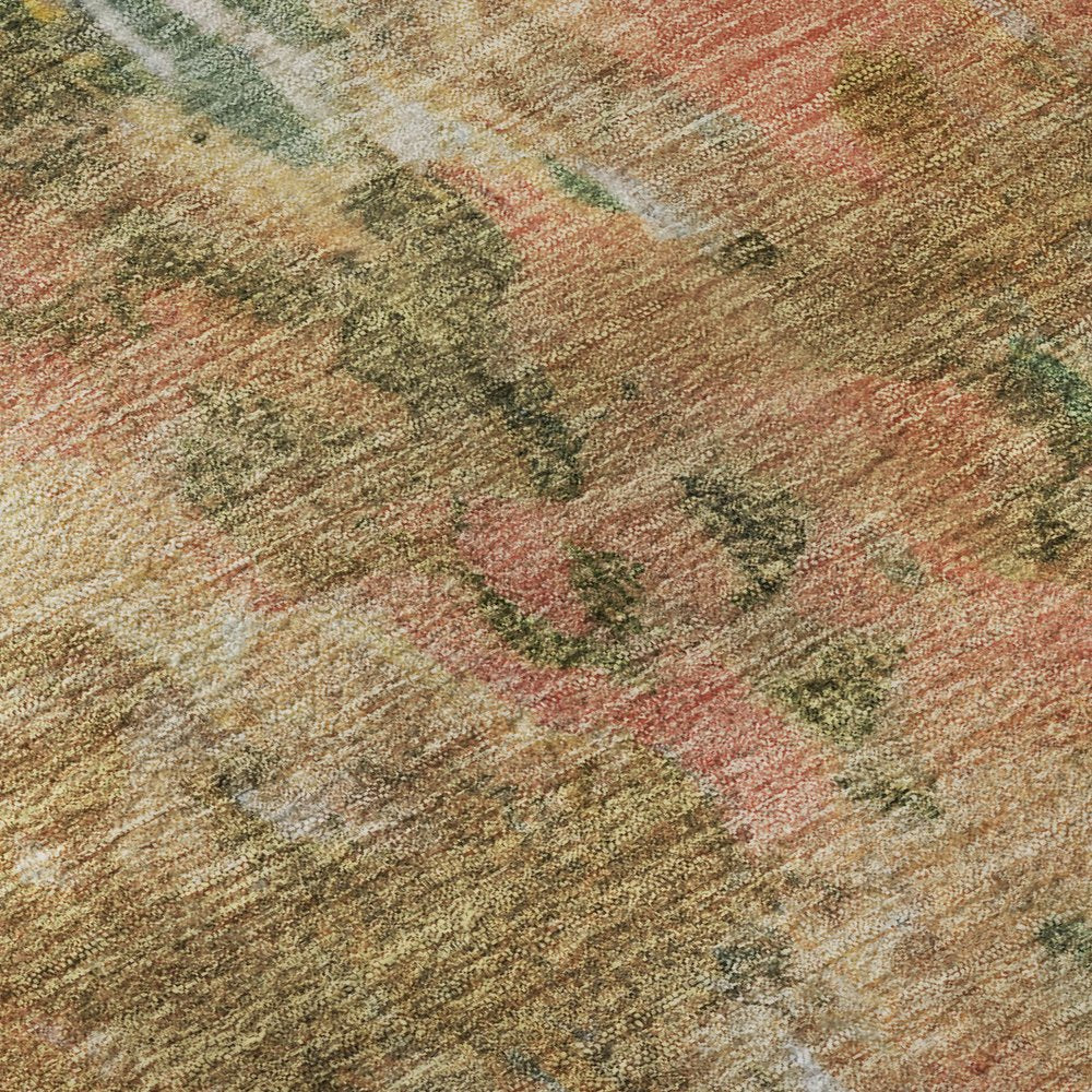 8' Fern Green Rust And Copper Abstract Washable Round Rug With UV Protection