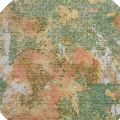 8' Fern Green Rust And Copper Abstract Washable Round Rug With UV Protection
