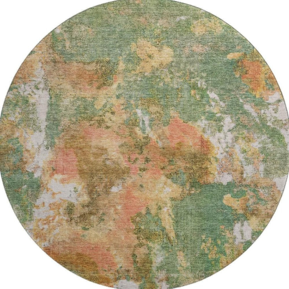8' Fern Green Rust And Copper Abstract Washable Round Rug With UV Protection