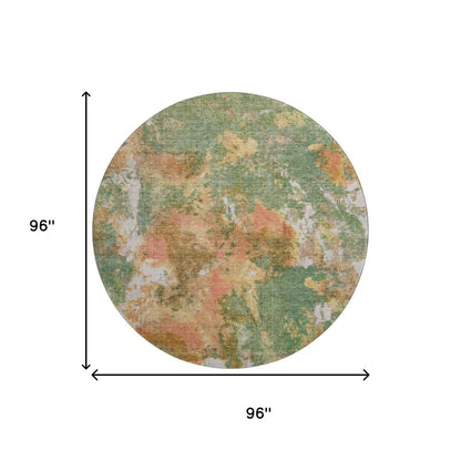 8' Fern Green Rust And Copper Abstract Washable Round Rug With UV Protection
