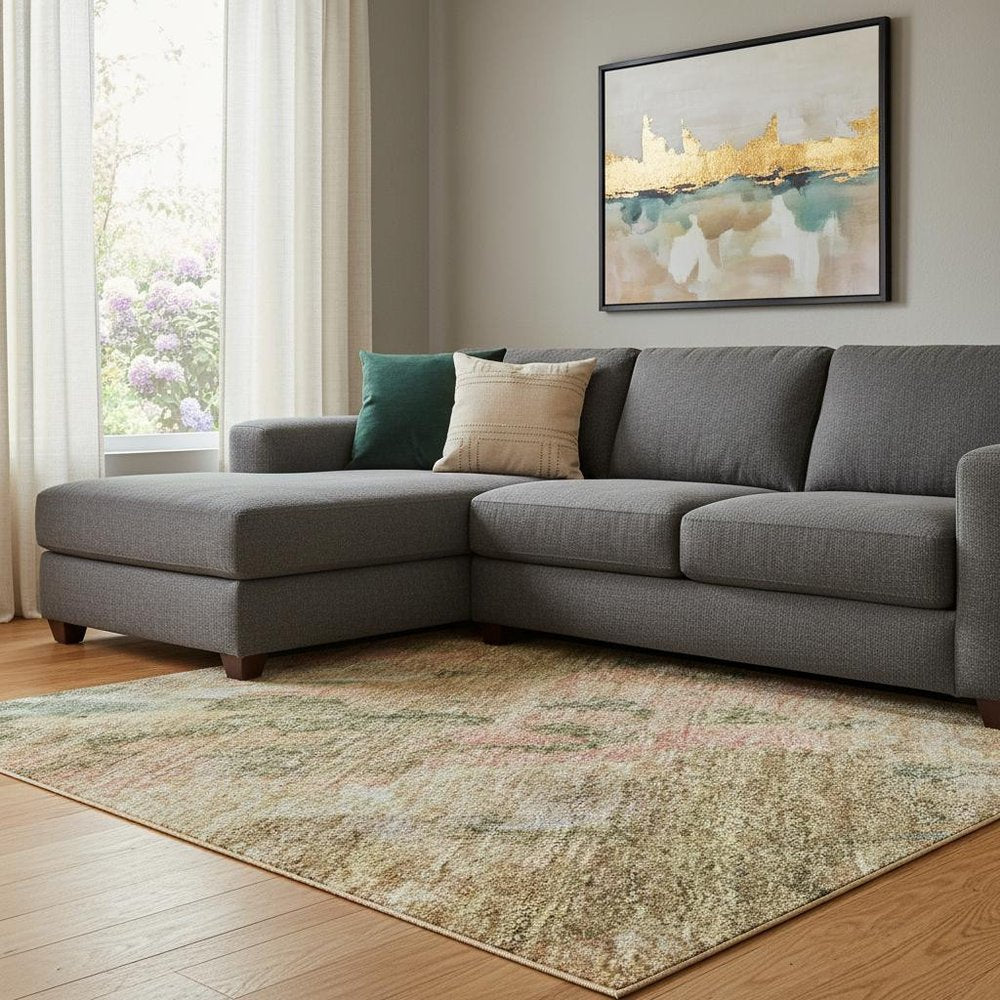 8' X 10' Fern Green Rust And Copper Abstract Washable Area Rug With UV Protection