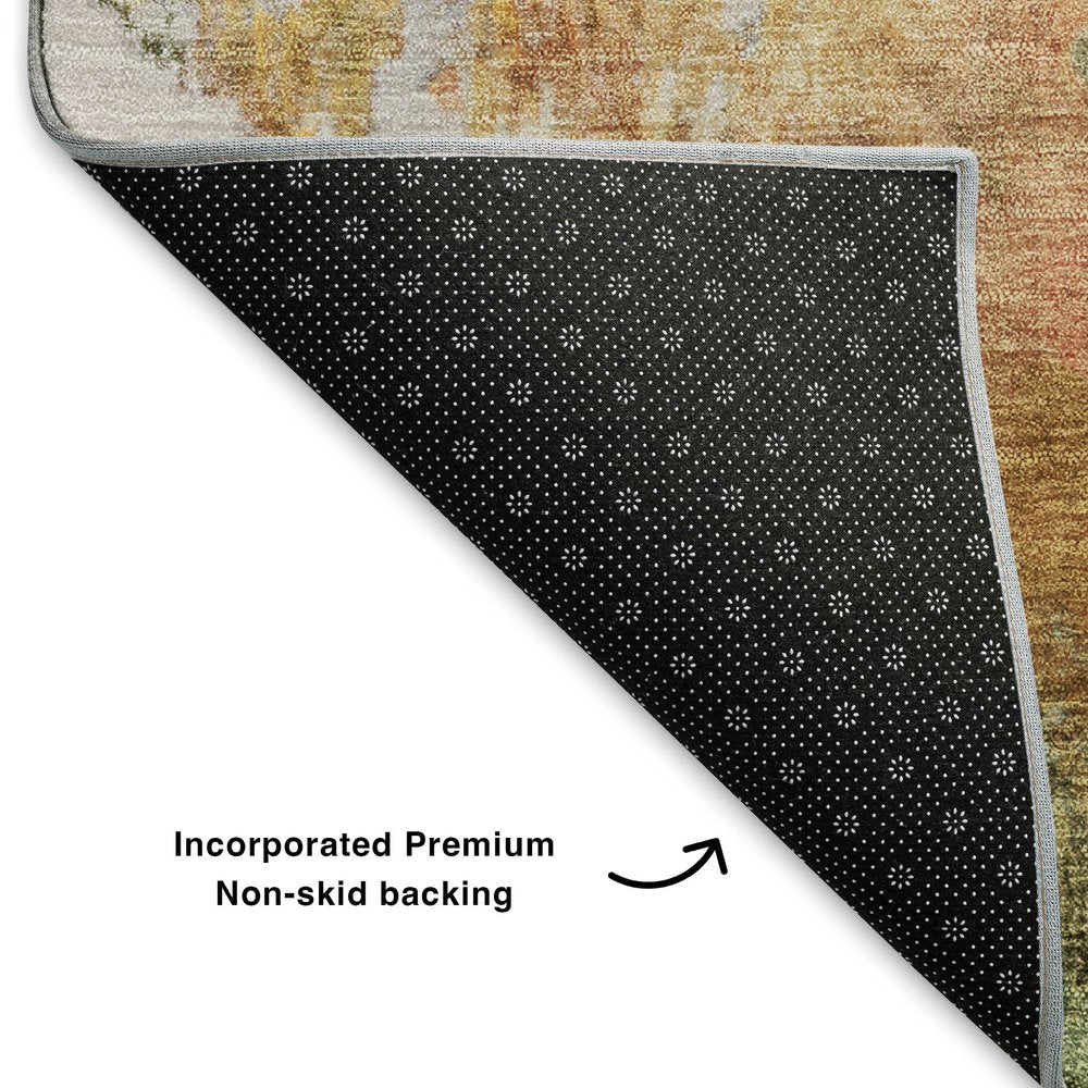 8' X 10' Fern Green Rust And Copper Abstract Washable Area Rug With UV Protection