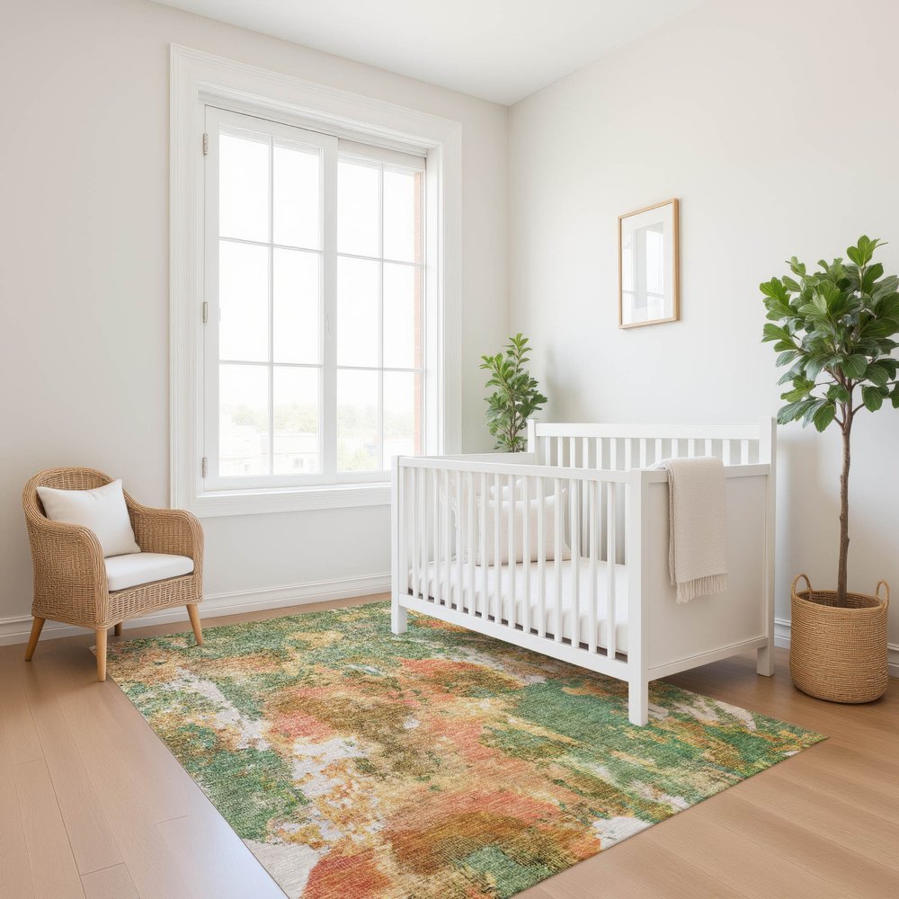 8' X 10' Fern Green Rust And Copper Abstract Washable Area Rug With UV Protection