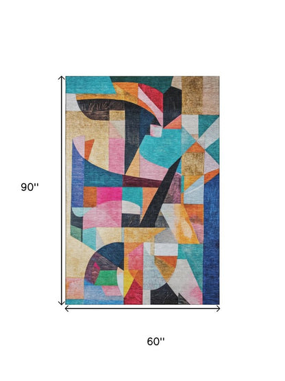 5' X 8' Blue Orange And Pink Abstract Washable Area Rug With UV Protection