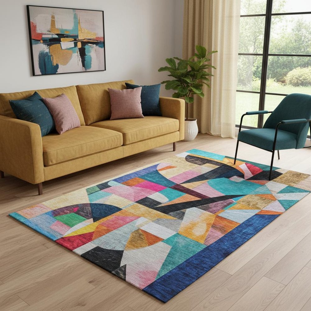 5' X 8' Blue Orange And Pink Abstract Washable Area Rug With UV Protection