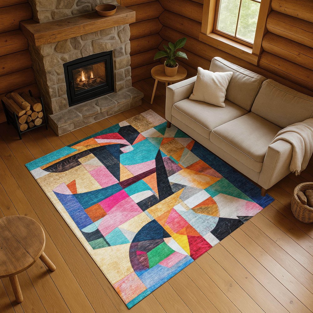 5' X 8' Blue Orange And Pink Abstract Washable Area Rug With UV Protection