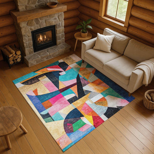 5' X 8' Blue Orange And Pink Abstract Washable Area Rug With UV Protection