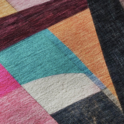 5' X 8' Blue Orange And Pink Abstract Washable Area Rug With UV Protection