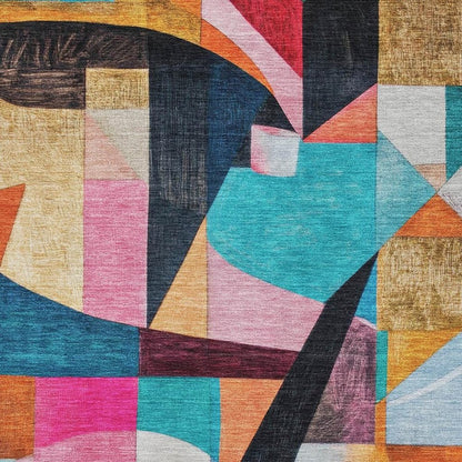 5' X 8' Blue Orange And Pink Abstract Washable Area Rug With UV Protection