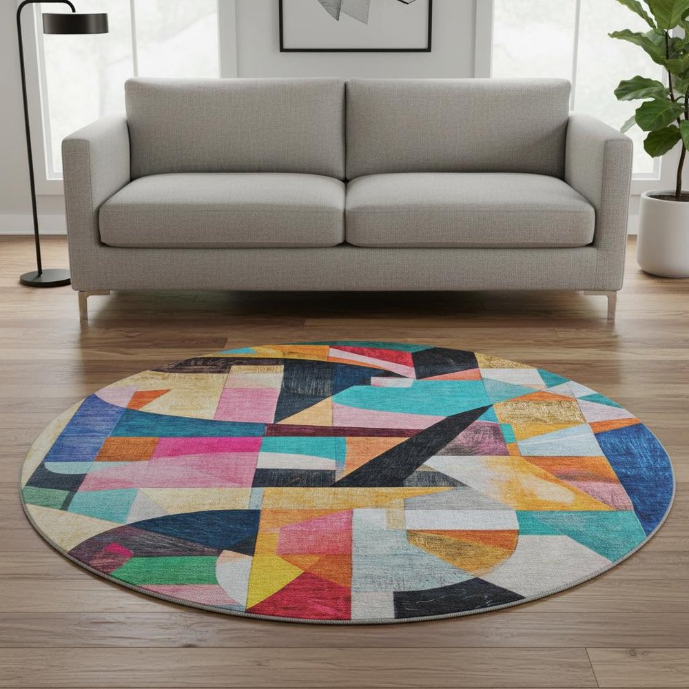 8' Blue Orange And Pink Abstract Washable Round Rug With UV Protection