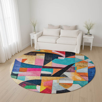 8' Blue Orange And Pink Abstract Washable Round Rug With UV Protection