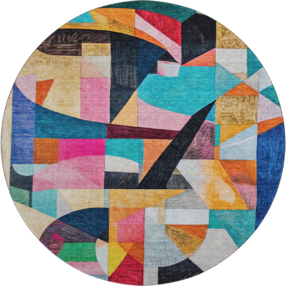 8' Blue Orange And Pink Abstract Washable Round Rug With UV Protection