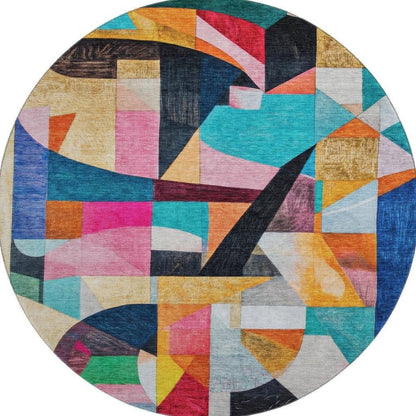 8' Blue Orange And Pink Abstract Washable Round Rug With UV Protection