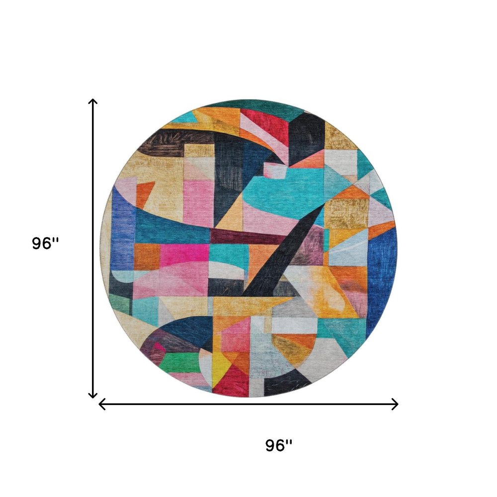 8' Blue Orange And Pink Abstract Washable Round Rug With UV Protection