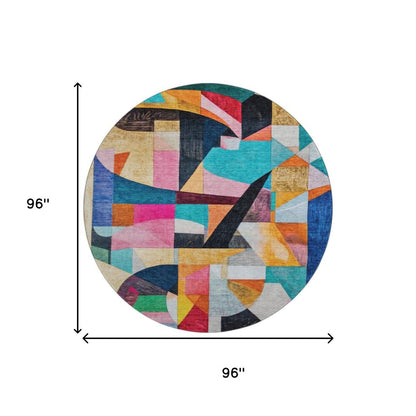 8' Blue Orange And Pink Abstract Washable Round Rug With UV Protection