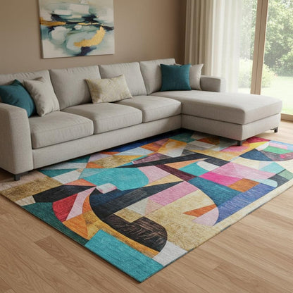 8' X 10' Blue Orange And Pink Abstract Washable Area Rug With UV Protection