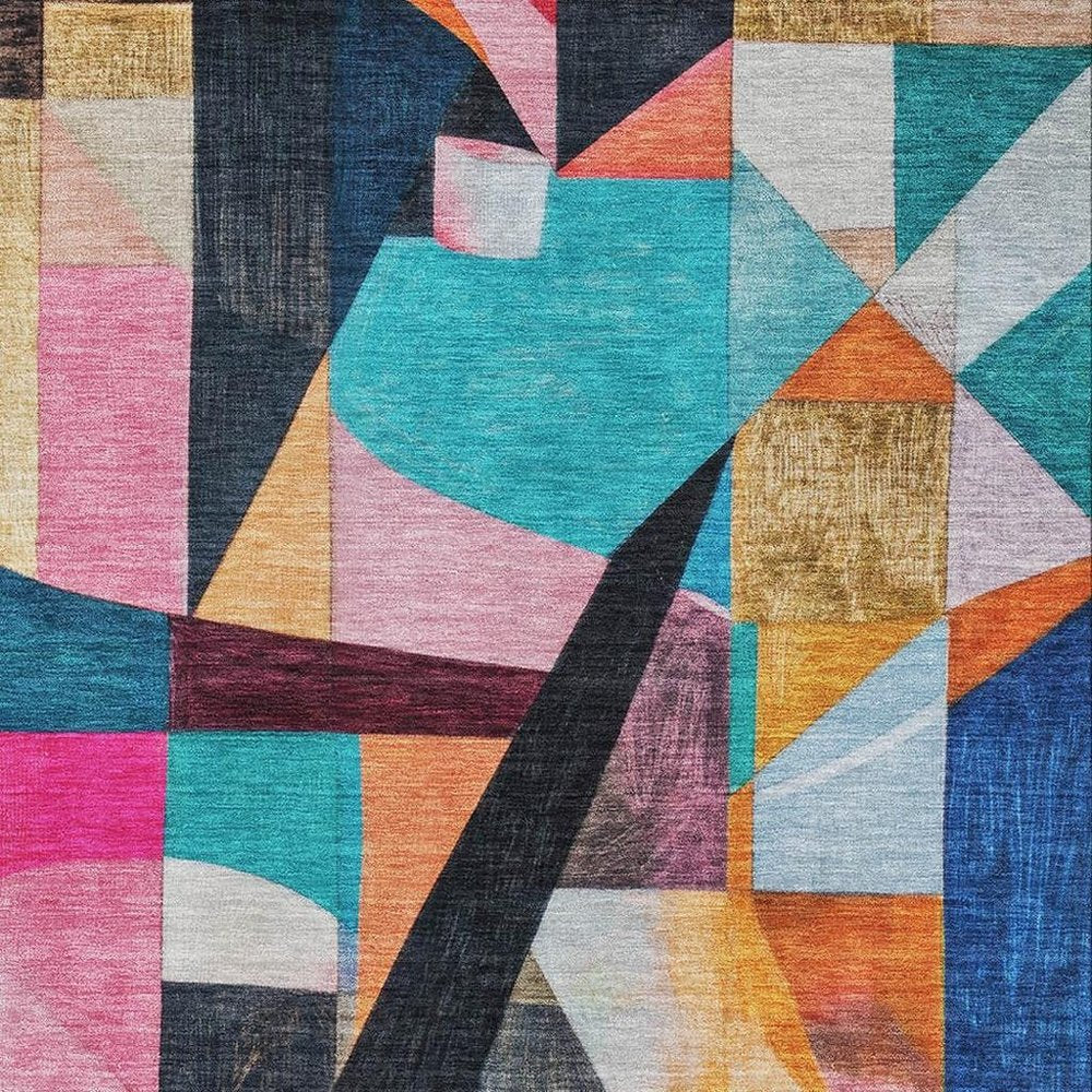 8' X 10' Blue Orange And Pink Abstract Washable Area Rug With UV Protection