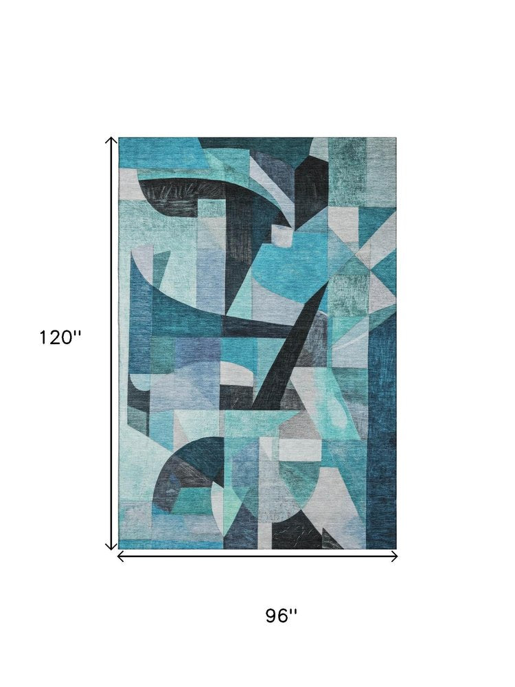 8' X 10' Teal Black And Blue Abstract Washable Area Rug With UV Protection
