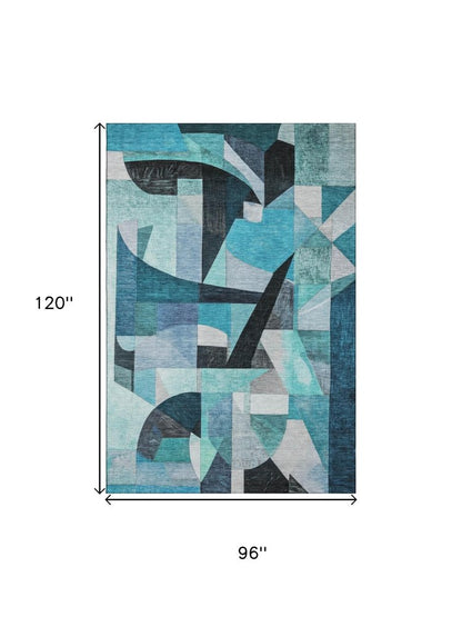 8' X 10' Teal Black And Blue Abstract Washable Area Rug With UV Protection