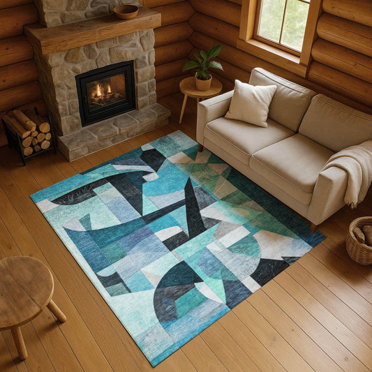 8' X 10' Teal Black And Blue Abstract Washable Area Rug With UV Protection