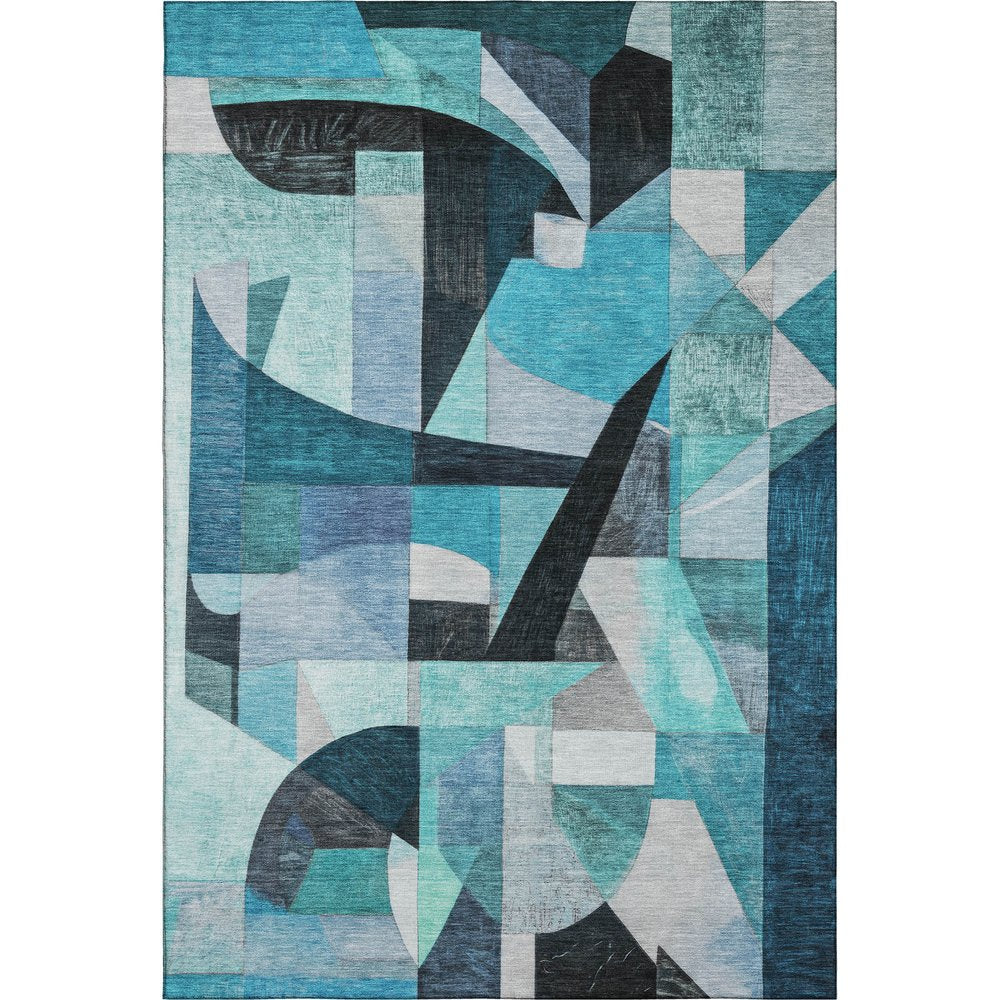 8' X 10' Teal Black And Blue Abstract Washable Area Rug With UV Protection