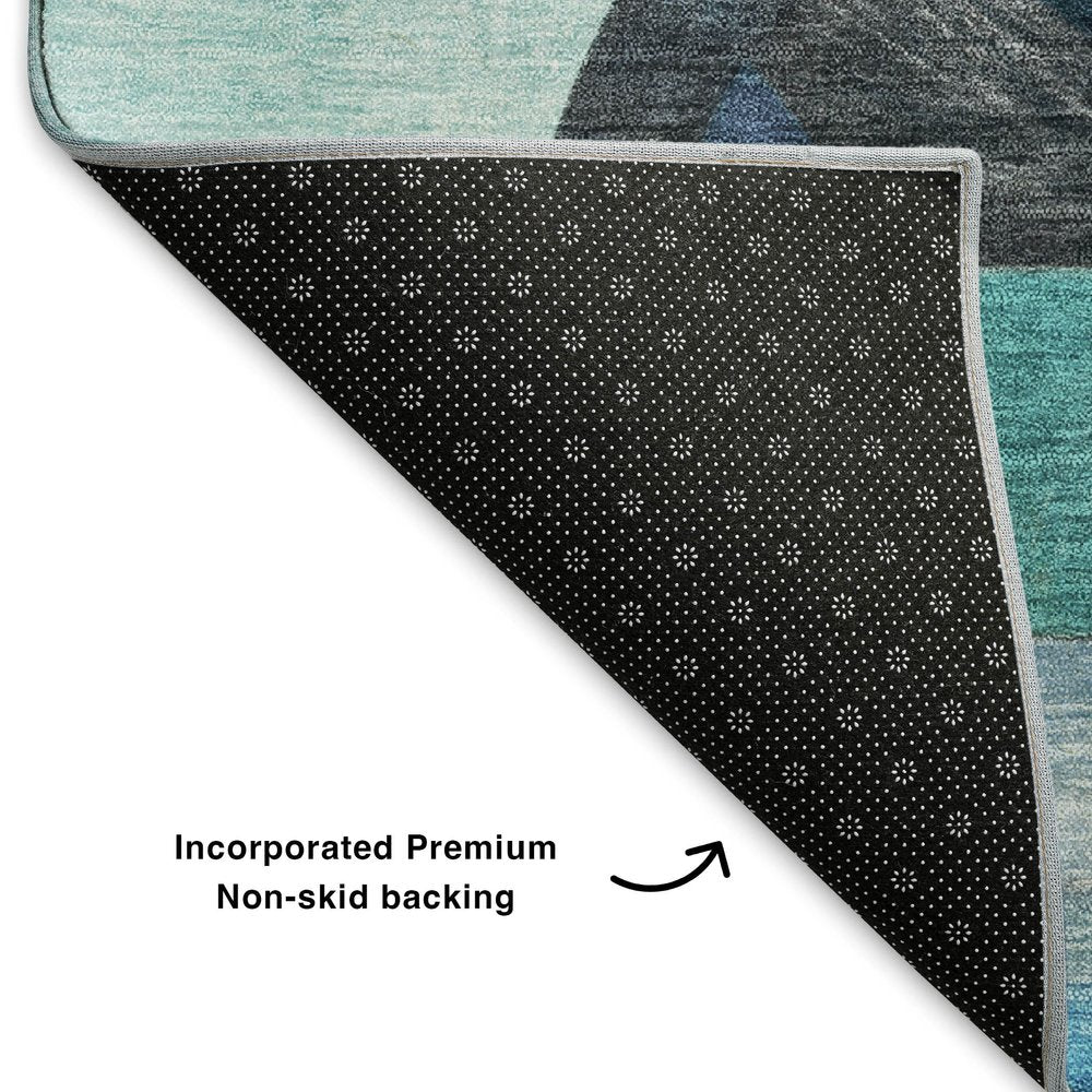 8' X 10' Teal Black And Blue Abstract Washable Area Rug With UV Protection