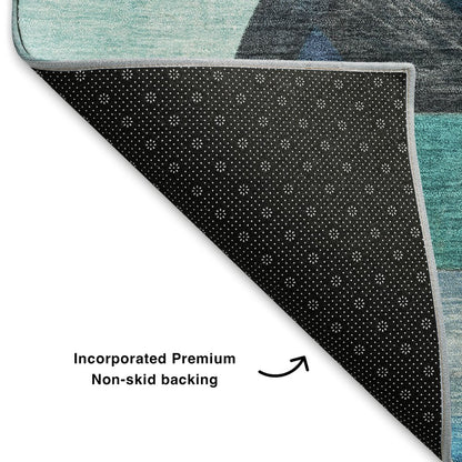8' X 10' Teal Black And Blue Abstract Washable Area Rug With UV Protection