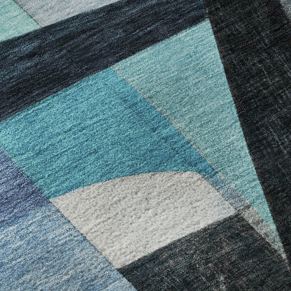 8' X 10' Teal Black And Blue Abstract Washable Area Rug With UV Protection