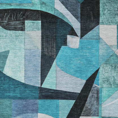 8' X 10' Teal Black And Blue Abstract Washable Area Rug With UV Protection