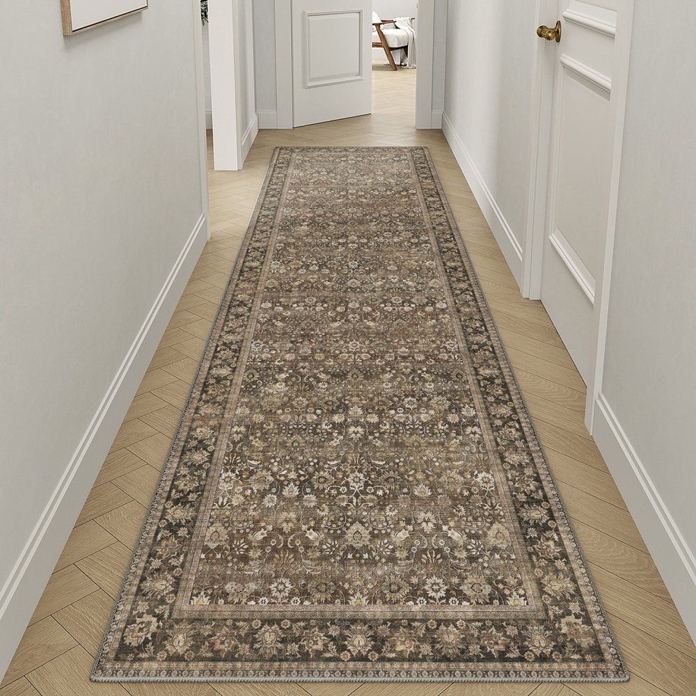 8' Brown Ivory And Tan Floral Medallion Washable Runner Rug