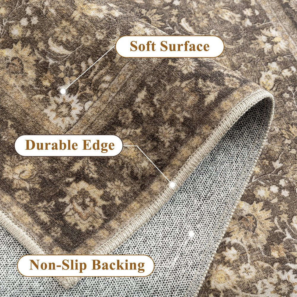 8' Brown Ivory And Tan Floral Medallion Washable Runner Rug