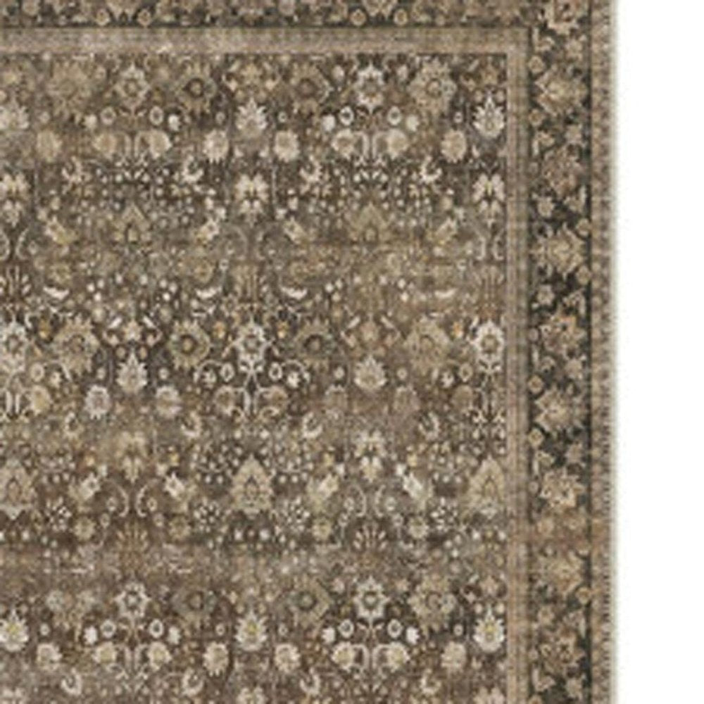 8' Brown Ivory And Tan Floral Medallion Washable Runner Rug