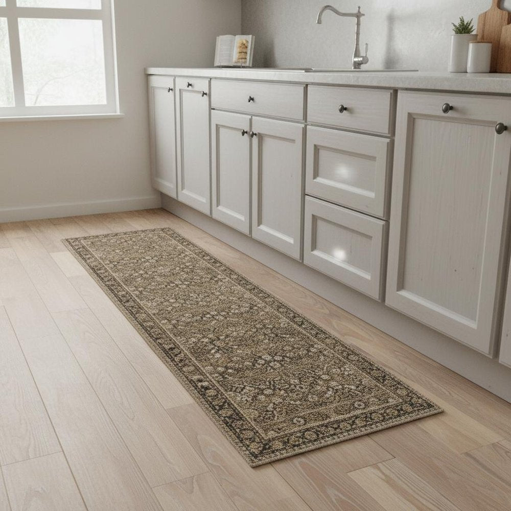 8' Brown Ivory And Tan Floral Medallion Washable Runner Rug