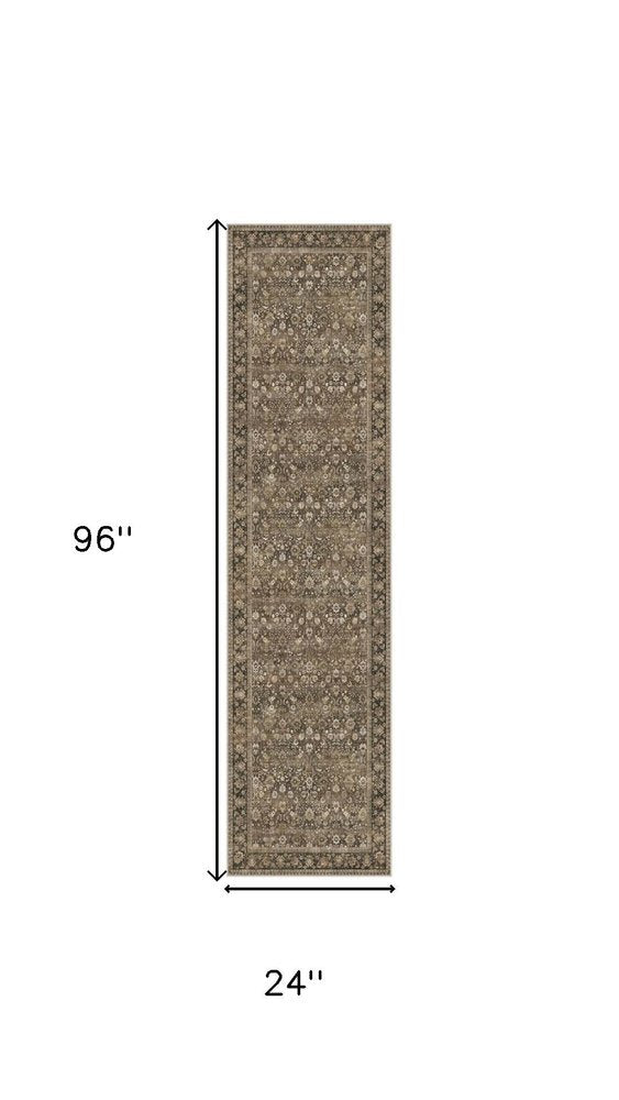 8' Brown Ivory And Tan Floral Medallion Washable Runner Rug