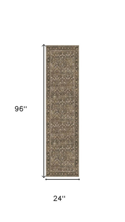 8' Brown Ivory And Tan Floral Medallion Washable Runner Rug