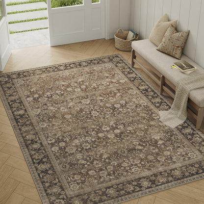 8' Brown Ivory And Tan Floral Medallion Washable Runner Rug