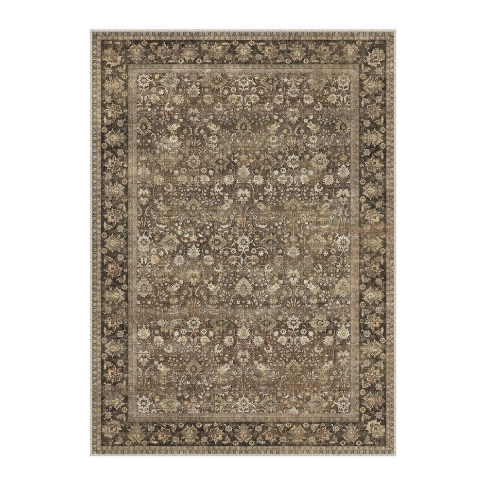 8' Brown Ivory And Tan Floral Medallion Washable Runner Rug