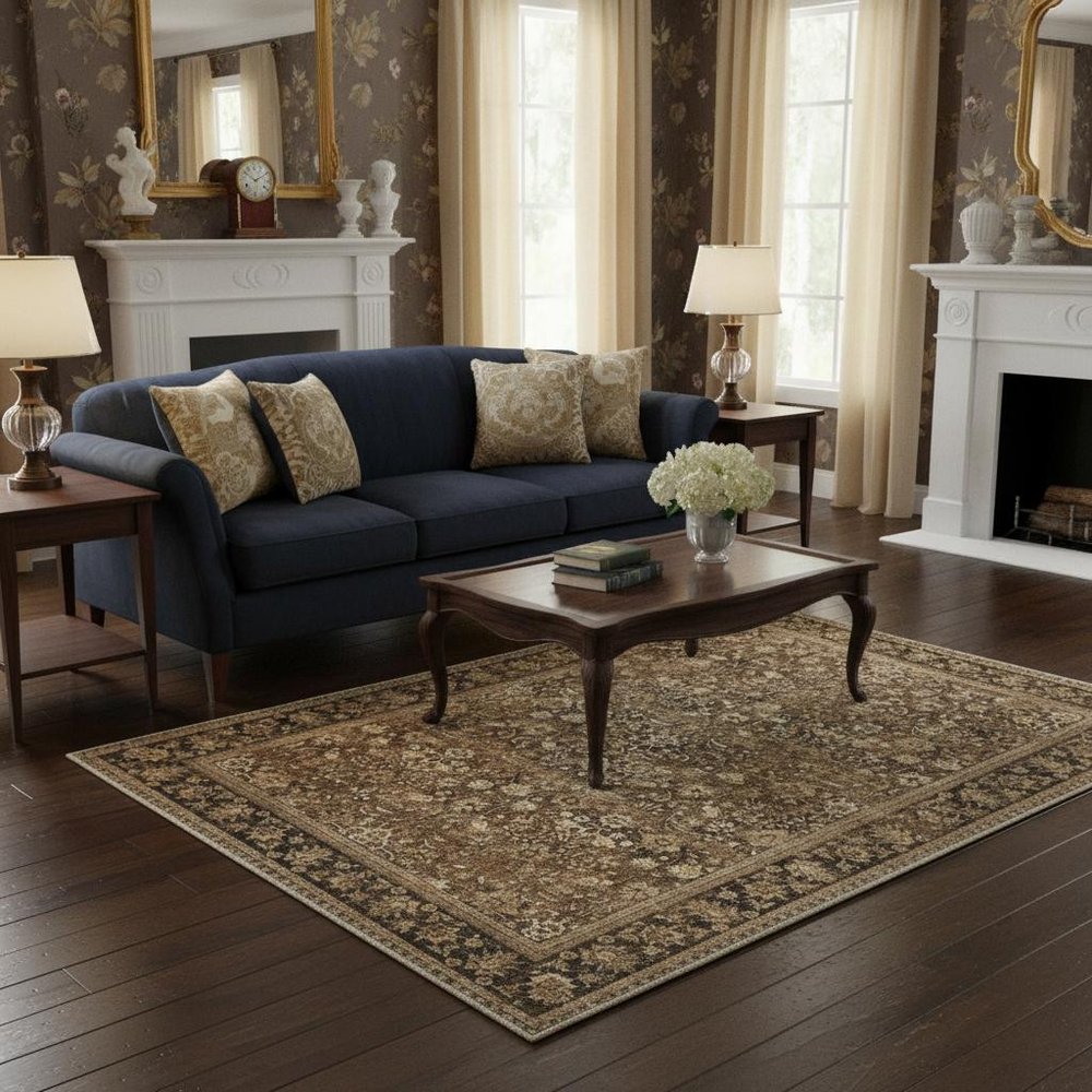 8' Brown Ivory And Tan Floral Medallion Washable Runner Rug