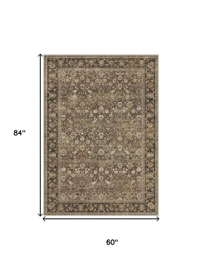 8' Brown Ivory And Tan Floral Medallion Washable Runner Rug
