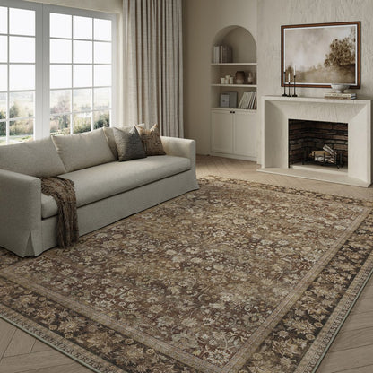 8' Brown Ivory And Tan Floral Medallion Washable Runner Rug