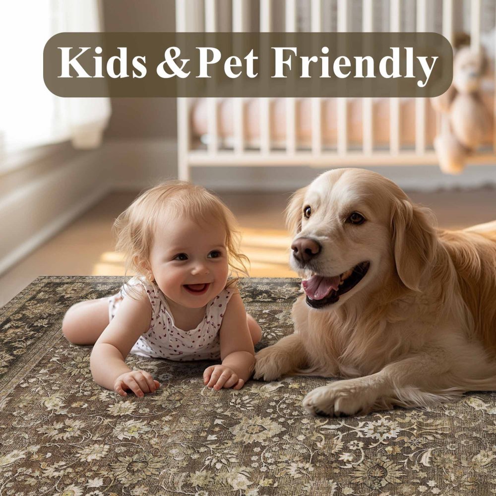 8' Brown Ivory And Tan Floral Medallion Washable Runner Rug