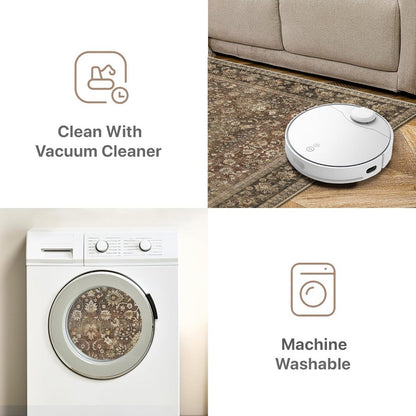 8' Brown Ivory And Tan Floral Medallion Washable Runner Rug