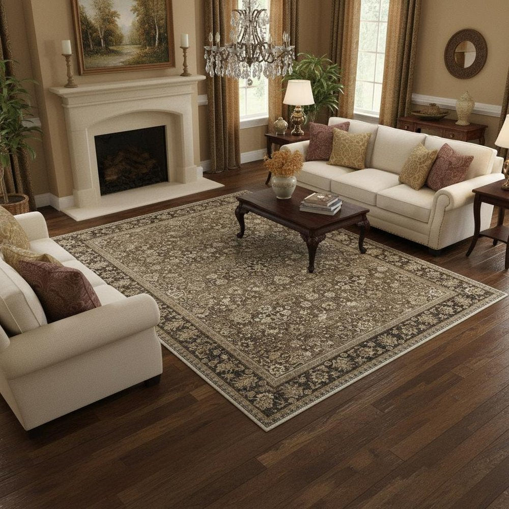 8' Brown Ivory And Tan Floral Medallion Washable Runner Rug