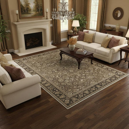 8' Brown Ivory And Tan Floral Medallion Washable Runner Rug