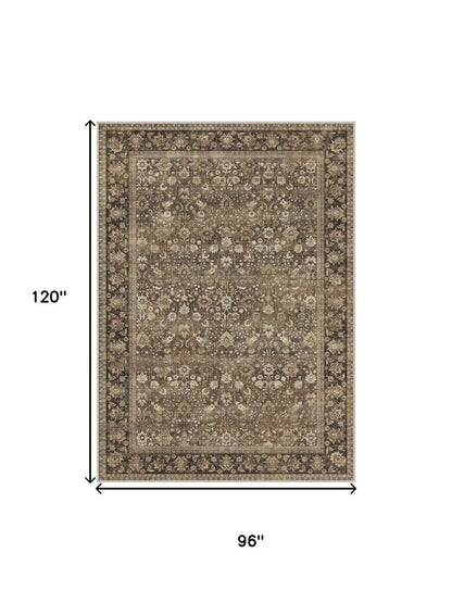 8' Brown Ivory And Tan Floral Medallion Washable Runner Rug