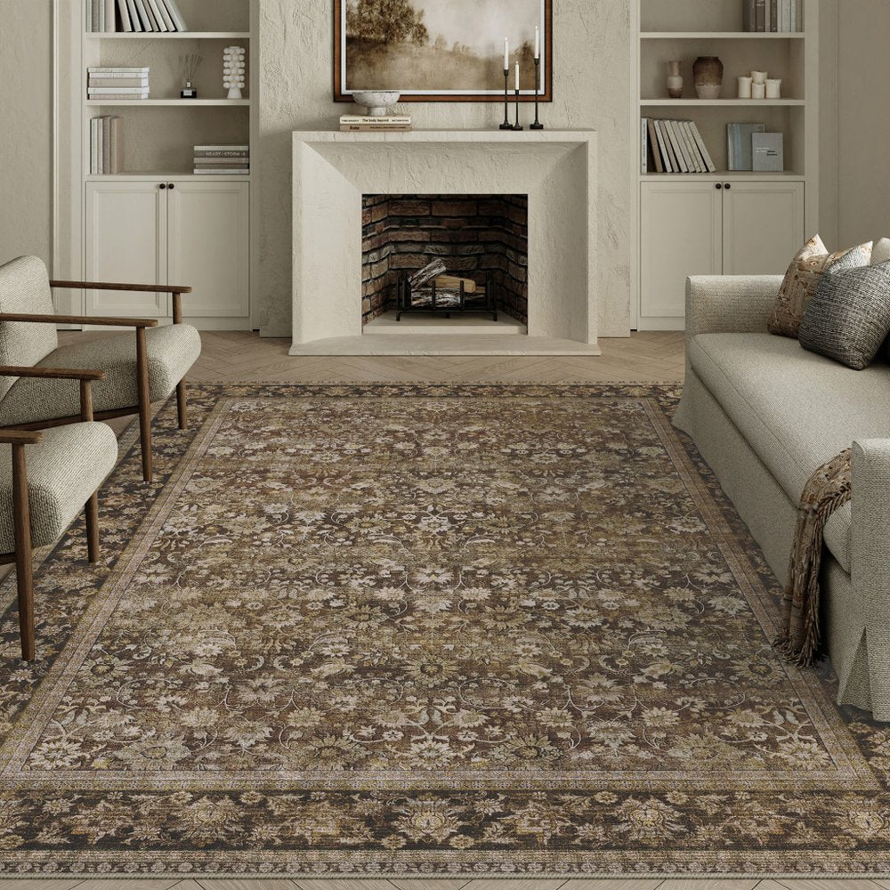 8' Brown Ivory And Tan Floral Medallion Washable Runner Rug